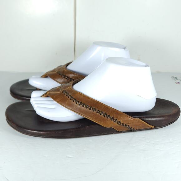 Olukai Men\'s Mea Ola US12 Brown Leather Embroidered Slip On Flat Thong Sandals main image 13